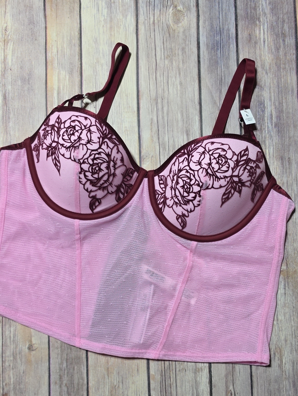 PINK Victoria's Secret Pink & Burgundy Longline Lace-Trim Bustier Bra